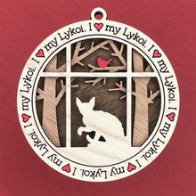 Load image into Gallery viewer, Share the love for our furry friends with these beautiful cat ornaments!  100 different options available.  Send us the name you'd like personalized on it & we'll add it to your ornament.  Our standard background is the trees with the cardinal in them.  If you'd like a different background, please contact us.
