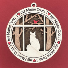 Load image into Gallery viewer, Share the love for our furry friends with these beautiful cat ornaments!  100 different options available.  Send us the name you'd like personalized on it & we'll add it to your ornament.  Our standard background is the trees with the cardinal in them.  If you'd like a different background, please contact us.
