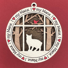 Load image into Gallery viewer, Share the love for our furry friends with these beautiful cat ornaments!  100 different options available.  Send us the name you'd like personalized on it & we'll add it to your ornament.  Our standard background is the trees with the cardinal in them.  If you'd like a different background, please contact us.