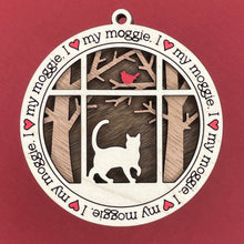 Load image into Gallery viewer, Share the love for our furry friends with these beautiful cat ornaments!  100 different options available.  Send us the name you'd like personalized on it & we'll add it to your ornament.  Our standard background is the trees with the cardinal in them.  If you'd like a different background, please contact us.