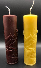 Load image into Gallery viewer, Moose nature scene beeswax candle with mountains, leaves, birds, a stream and the wilderness in the background.