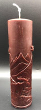 Load image into Gallery viewer, Moose nature scene beeswax candle with mountains, leaves, birds, a stream and the wilderness in the background.