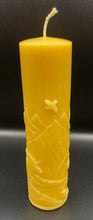 Load image into Gallery viewer, Moose nature scene beeswax candle with mountains, leaves, birds, a stream and the wilderness in the background.