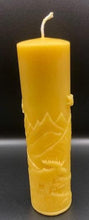 Load image into Gallery viewer, Moose nature scene beeswax candle with mountains, leaves, birds, a stream and the wilderness in the background.