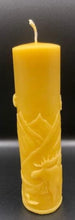 Load image into Gallery viewer, Moose nature scene beeswax candle with mountains, leaves, birds, a stream and the wilderness in the background.