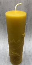 Load image into Gallery viewer, Moose nature scene beeswax candle with mountains, leaves, birds, a stream and the wilderness in the background.