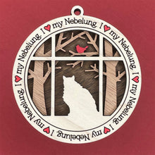 Load image into Gallery viewer, Share the love for our furry friends with these beautiful cat ornaments!  100 different options available.  Send us the name you'd like personalized on it & we'll add it to your ornament.  Our standard background is the trees with the cardinal in them.  If you'd like a different background, please contact us.