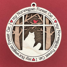 Load image into Gallery viewer, Share the love for our furry friends with these beautiful cat ornaments!  100 different options available.  Send us the name you'd like personalized on it & we'll add it to your ornament.  Our standard background is the trees with the cardinal in them.  If you'd like a different background, please contact us.