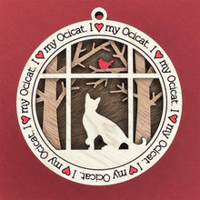 Load image into Gallery viewer, Share the love for our furry friends with these beautiful cat ornaments!  100 different options available.  Send us the name you'd like personalized on it & we'll add it to your ornament.  Our standard background is the trees with the cardinal in them.  If you'd like a different background, please contact us.
