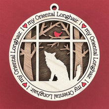 Load image into Gallery viewer, Share the love for our furry friends with these beautiful cat ornaments!  100 different options available.  Send us the name you'd like personalized on it & we'll add it to your ornament.  Our standard background is the trees with the cardinal in them.  If you'd like a different background, please contact us.