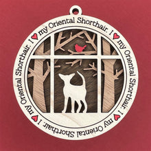 Load image into Gallery viewer, Share the love for our furry friends with these beautiful cat ornaments!  100 different options available.  Send us the name you'd like personalized on it & we'll add it to your ornament.  Our standard background is the trees with the cardinal in them.  If you'd like a different background, please contact us.