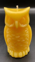 Load image into Gallery viewer, owl shaped, all natural beeswax candle. Handmade in the USA.  This adorable owl  beeswax candle will be a hoot wherever you decide to place it. With a light honey scent and a warm glow, this owl candle makes a great wedding souvenir, wedding gift, baby shower gift and party favors.  If you have any special animal lover, bird watcher or owl lover in your life, this will be sure to thrill them :)  Owl beeswax candles are sure to be a hoot at your next party, special moment, holiday or rustic table setting.