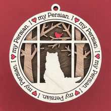 Load image into Gallery viewer, Share the love for our furry friends with these beautiful cat ornaments!  100 different options available.  Send us the name you'd like personalized on it & we'll add it to your ornament.  Our standard background is the trees with the cardinal in them.  If you'd like a different background, please contact us.