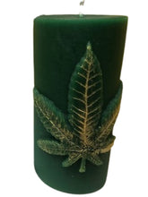 Load image into Gallery viewer, Leaf design beeswax candle. Leaf design on front of this candle shown with green sparkle mica leaf.