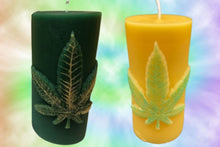 Load image into Gallery viewer, Leaf design beeswax candle. Leaf design on front of this candle shown with green sparkle mica leaf.