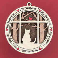 Load image into Gallery viewer, Share the love for our furry friends with these beautiful cat ornaments!  100 different options available.  Send us the name you'd like personalized on it & we'll add it to your ornament.  Our standard background is the trees with the cardinal in them.  If you'd like a different background, please contact us.