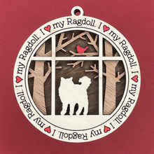 Load image into Gallery viewer, Share the love for our furry friends with these beautiful cat ornaments!  100 different options available.  Send us the name you'd like personalized on it & we'll add it to your ornament.  Our standard background is the trees with the cardinal in them.  If you'd like a different background, please contact us.