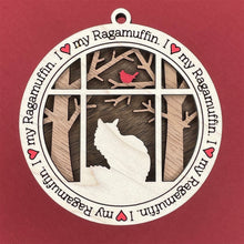 Load image into Gallery viewer, Share the love for our furry friends with these beautiful cat ornaments!  100 different options available.  Send us the name you'd like personalized on it & we'll add it to your ornament.  Our standard background is the trees with the cardinal in them.  If you'd like a different background, please contact us.