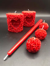Load image into Gallery viewer, 12" Red Taper Beeswax Candle.  Great for Valentine's Day or Christmas.  Shown with Red Love & Roses Beeswax Candles and Red Rose Ball Beeswax Candles