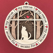Load image into Gallery viewer, Share the love for our furry friends with these beautiful cat ornaments!  100 different options available.  Send us the name you'd like personalized on it & we'll add it to your ornament.  Our standard background is the trees with the cardinal in them.  If you'd like a different background, please contact us.