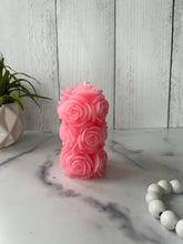 Load image into Gallery viewer, The quintessential decorative candle. This beautiful Rose Beeswax Pillar Candle, with a rustic and fading design makes for a perfect gift for your loved one on any occasion - Valentine's Day, Mother's Day, birthday, or anniversary. Watch the flame dance inside the warm glowing wall of beeswax petals.