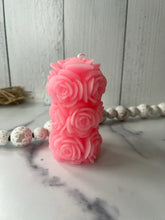 Load image into Gallery viewer, The quintessential decorative candle. This beautiful Rose Beeswax Pillar Candle, with a rustic and fading design makes for a perfect gift for your loved one on any occasion - Valentine's Day, Mother's Day, birthday, or anniversary. Watch the flame dance inside the warm glowing wall of beeswax petals.