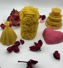 Load image into Gallery viewer, Beautiful pink heart shaped goat's milk soap.  Perfect for Valentine's Day or Mother's Day!  Shown with Rose Beeswax Pillar Candle & Wedding Dress Beeswax Candle.