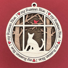 Load image into Gallery viewer, Share the love for our furry friends with these beautiful cat ornaments!  100 different options available.  Send us the name you'd like personalized on it & we'll add it to your ornament.  Our standard background is the trees with the cardinal in them.  If you'd like a different background, please contact us.
