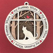 Load image into Gallery viewer, Share the love for our furry friends with these beautiful cat ornaments!  100 different options available.  Send us the name you'd like personalized on it & we'll add it to your ornament.  Our standard background is the trees with the cardinal in them.  If you'd like a different background, please contact us.