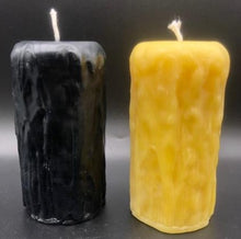 Load image into Gallery viewer, Rustic Beeswax Pillar candle with wax drip pattern flowing down the sides.
