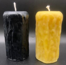 Load image into Gallery viewer, Rustic Beeswax Pillar candle with wax drip pattern flowing down the sides.