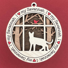 Load image into Gallery viewer, Share the love for our furry friends with these beautiful cat ornaments!  100 different options available.  Send us the name you'd like personalized on it & we'll add it to your ornament.  Our standard background is the trees with the cardinal in them.  If you'd like a different background, please contact us.