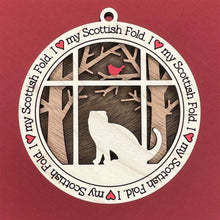 Load image into Gallery viewer, Share the love for our furry friends with these beautiful cat ornaments!  100 different options available.  Send us the name you'd like personalized on it & we'll add it to your ornament.  Our standard background is the trees with the cardinal in them.  If you'd like a different background, please contact us.