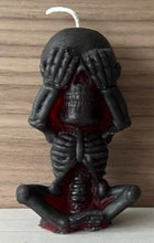 Load image into Gallery viewer, Each candle measures 4" tall x 2 3/16" wide, and weighs approximately 2 ounces, makin them the perfect size for any room in your home.  The three skulls feature a unique design, embodying the classic "see no evil, hear no evil, speak no evil" phrase.