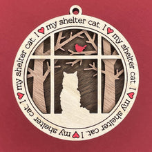 Load image into Gallery viewer, Share the love for our furry friends with these beautiful cat ornaments!  100 different options available.  Send us the name you'd like personalized on it & we'll add it to your ornament.  Our standard background is the trees with the cardinal in them.  If you'd like a different background, please contact us.