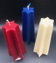 Load image into Gallery viewer, These red, white & blue Shooting Star Beeswax Candles are sure to be a hit at your holiday party. Light up the 4th of July, add that needed splash of color to your centerpiece & wow your guest with these incredible shooting star candles. Available in 3 sizes.
