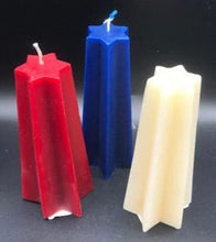 Load image into Gallery viewer, These red, white & blue Shooting Star Beeswax Candles are sure to be a hit at your holiday party. Light up the 4th of July, add that needed splash of color to your centerpiece & wow your guest with these incredible shooting star candles. Available in 3 sizes.