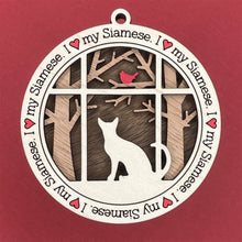Load image into Gallery viewer, Share the love for our furry friends with these beautiful cat ornaments!  100 different options available.  Send us the name you'd like personalized on it & we'll add it to your ornament.  Our standard background is the trees with the cardinal in them.  If you'd like a different background, please contact us.