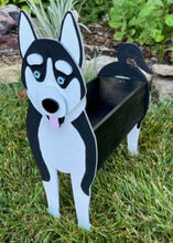 Load image into Gallery viewer, Let this adorable Siberian Husky Dog Planter box help welcome guests to your home.  Custom dog tags with your dogs name also available (please message us - adds $5 to cost of planter box).  Great gift for the dog lovers in your life!