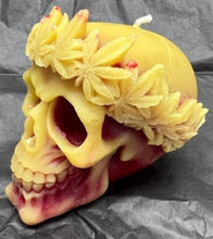 Load image into Gallery viewer, This creepy skull with leaf crown beeswax candle is sure to be a hit with your goth or Halloween loving friends.  Adds the perfect touch to Halloween decor.  This cryptic, gothic candle is great for Halloween decorations, gifts for skull loving friends, gothic decor, fall decor or just scary decor.