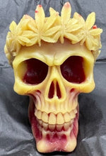 Load image into Gallery viewer, This creepy skull with leaf crown beeswax candle is sure to be a hit with your goth or Halloween loving friends.  Adds the perfect touch to Halloween decor.  This cryptic, gothic candle is great for Halloween decorations, gifts for skull loving friends, gothic decor, fall decor or just scary decor.