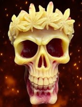 Load image into Gallery viewer, This creepy skull with leaf crown beeswax candle is sure to be a hit with your goth or Halloween loving friends.  Adds the perfect touch to Halloween decor.  This cryptic, gothic candle is great for Halloween decorations, gifts for skull loving friends, gothic decor, fall decor or just scary decor.