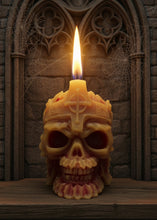 Load image into Gallery viewer, This creepy skull with cross crown beeswax candle is sure to be a hit with your goth or Halloween loving friends. Adds the perfect touch to Halloween decor. This cryptic, gothic candle is great for Halloween decorations, gifts for skull loving friends, gothic decor, fall decor or just scary decor.