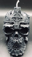 Load image into Gallery viewer, Creepy, ornate skull beeswax candle with cross crown. Eyes glow after it starts to burn down.