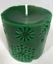Load image into Gallery viewer, Relax and unwind with this beautiful winter snowflake pillar; the perfect addition to your winter decor.  Snowflakes adorn the sides of this charming candle.  Nothing reminds us more of winter & the holidays like a cool night while seeing flickering candles adorning our home. It will be sure to add a little Christmas spirit to whatever room you put it in.