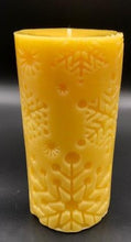 Load image into Gallery viewer, Beautiful Snowflake designs glow when you light this amazing Snowflake Beeswax Pillar Candle.  Also available in a 3" version.
