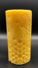 Load image into Gallery viewer, Beautiful Snowflake designs glow when you light this amazing Snowflake Beeswax Pillar Candle.  Also available in a 3" version.