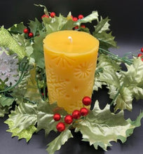 Load image into Gallery viewer, Beautiful Snowflake designs glow when you light this amazing Snowflake Beeswax Pillar Candle.  Also available in a 3" version.  Perfect for Christmas gifts & Holiday Decor.