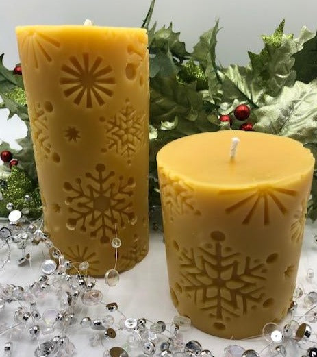 Snowflake Beeswax Pillar Candle ~3