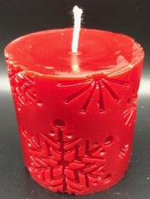 Load image into Gallery viewer, beautiful winter snowflake pillar; the perfect addition to your winter decor.  Snowflakes adorn the sides of this charming candle.  Nothing reminds us more of winter & the holidays like a cool night while seeing flickering candles adorning our home. It will be sure to add a little Christmas spirit to whatever room you put it in.  Great as a Christmas gift or to add to your winter decor.
